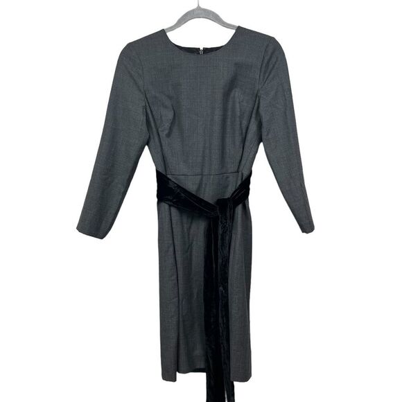 J. Crew Sheath‎ Dress Wool Blend Long Sleeve Velvet Belt Tie Charcoal Women Sz 2 - Picture 2 of 8